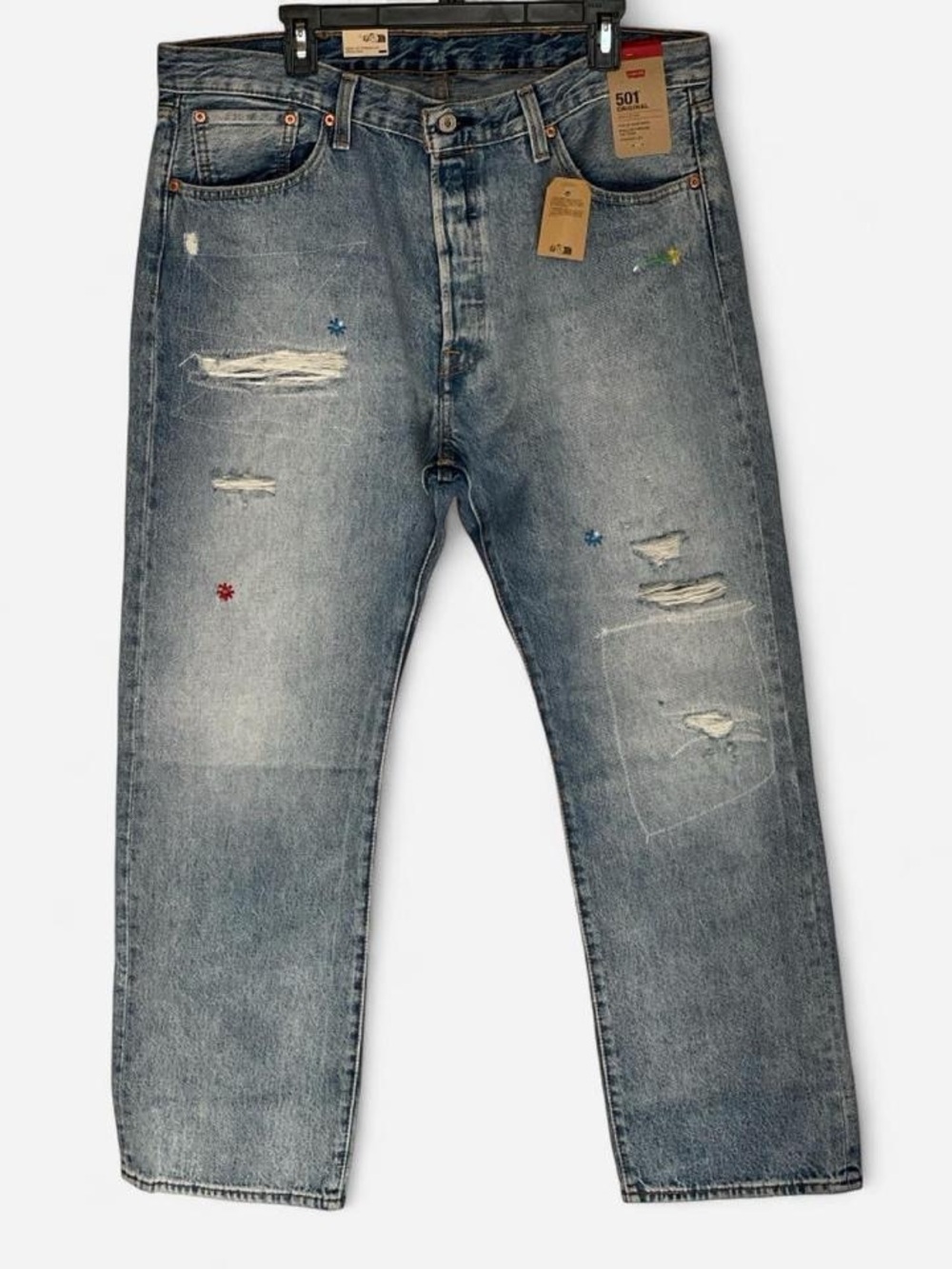 Levi’s 501 Original Jeans 38x30 NWT Floral Embroidered Distressed Light Wash